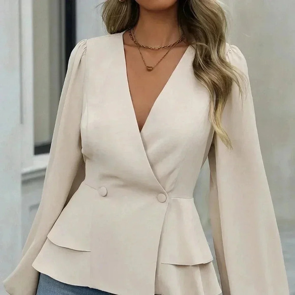 Khaki Elegant Women's V-Neck Double-Breasted Wrap Long Sleeve Blouse - Picture 4 of 7